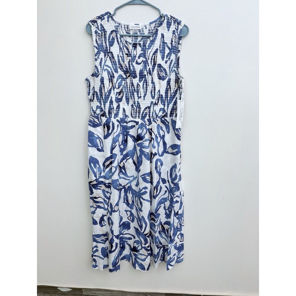 Calvin Klein Women Midi Dress Size 12 NWT Smocked W/ Pockets Floral Sleeveless - Picture 4 of 14